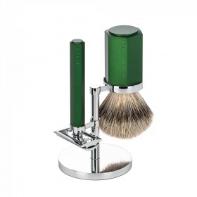 Set barbierit cu aparat de ras clasic si pamatuf Silvertip Badger cu par de bursuc Muehle Hexagon S 091 M HXG FOREST